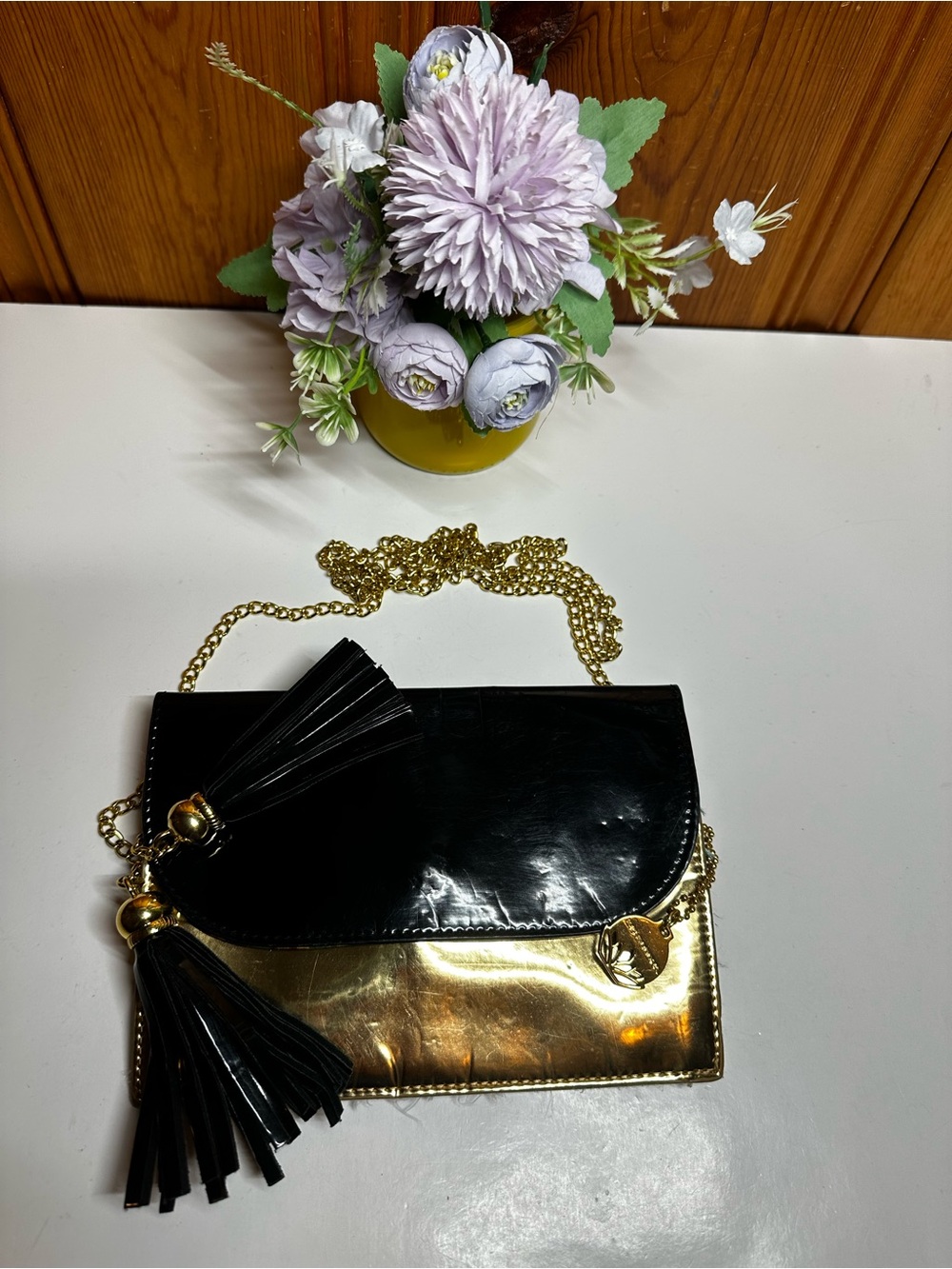 Big Buddha Black & Gold Patent Chain Crossbody with Tassels